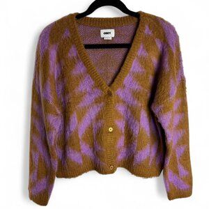 Obey Brown Purple Fuzzy Patterned Cardigan Sweater Sz Small